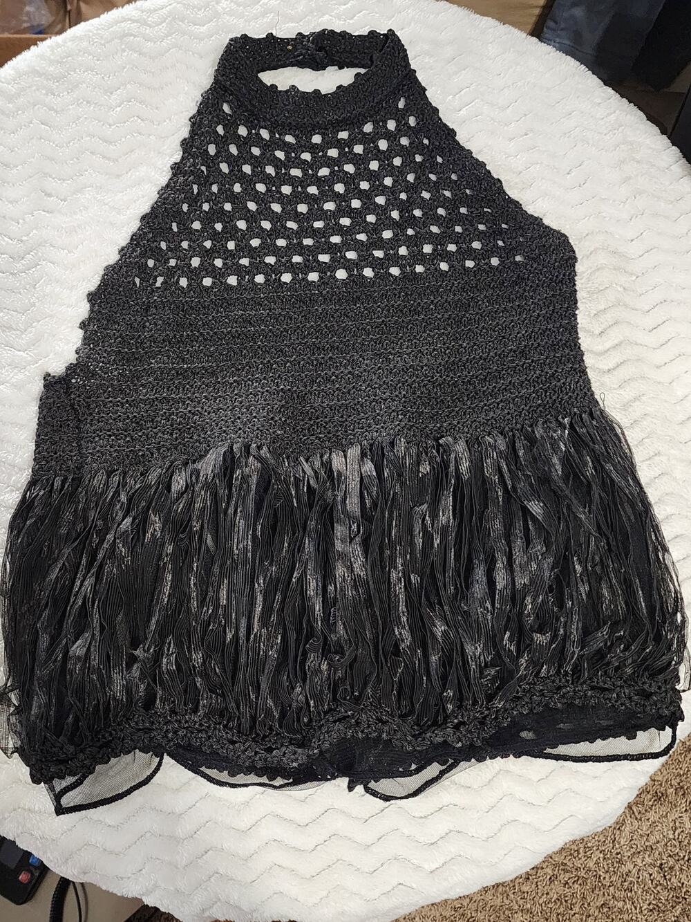 Zara Black Knit Crochet Halter Neck Mesh Ribbon Fringe Peplum Top Size Small S